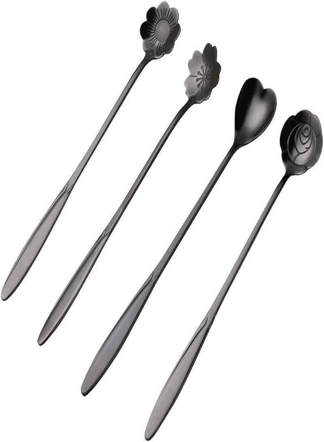 ZANOTTRA 4 Pcs Dessert Spoon, Stainless Steel Coffee Spoon Flower Tea Spoon Cutlery Kitchen Tableware Sugar Spoon Coffee Teaspoon Different Spoon Set for Kitchen Cafe Espresso Spoon 4 Styles (Black) - Image 4