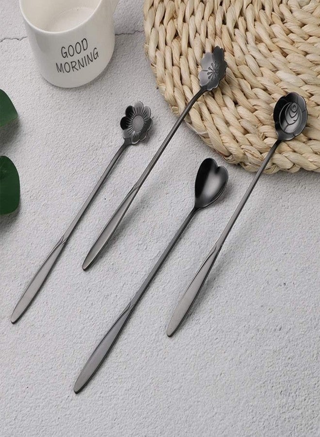 ZANOTTRA 4 Pcs Dessert Spoon, Stainless Steel Coffee Spoon Flower Tea Spoon Cutlery Kitchen Tableware Sugar Spoon Coffee Teaspoon Different Spoon Set for Kitchen Cafe Espresso Spoon 4 Styles (Black) - Image 3