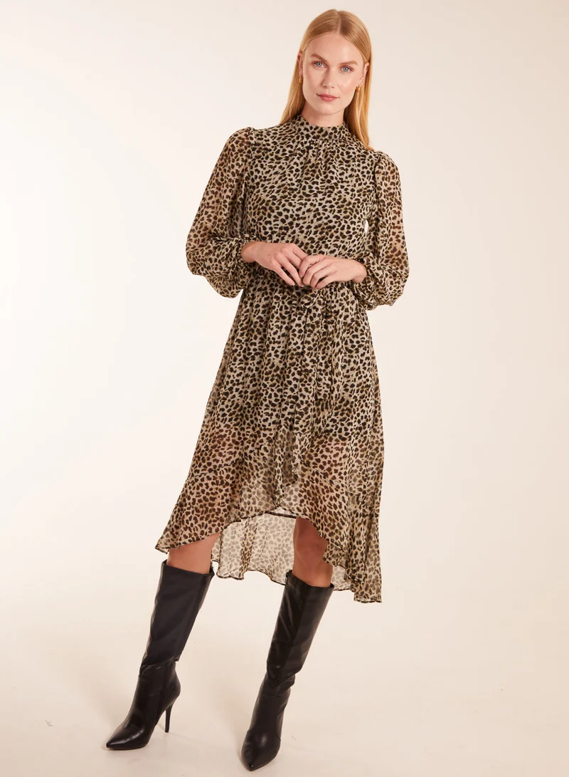 بلو فانيلا Leopard Print High Neck Wrap Frill Hem Midi Dress
