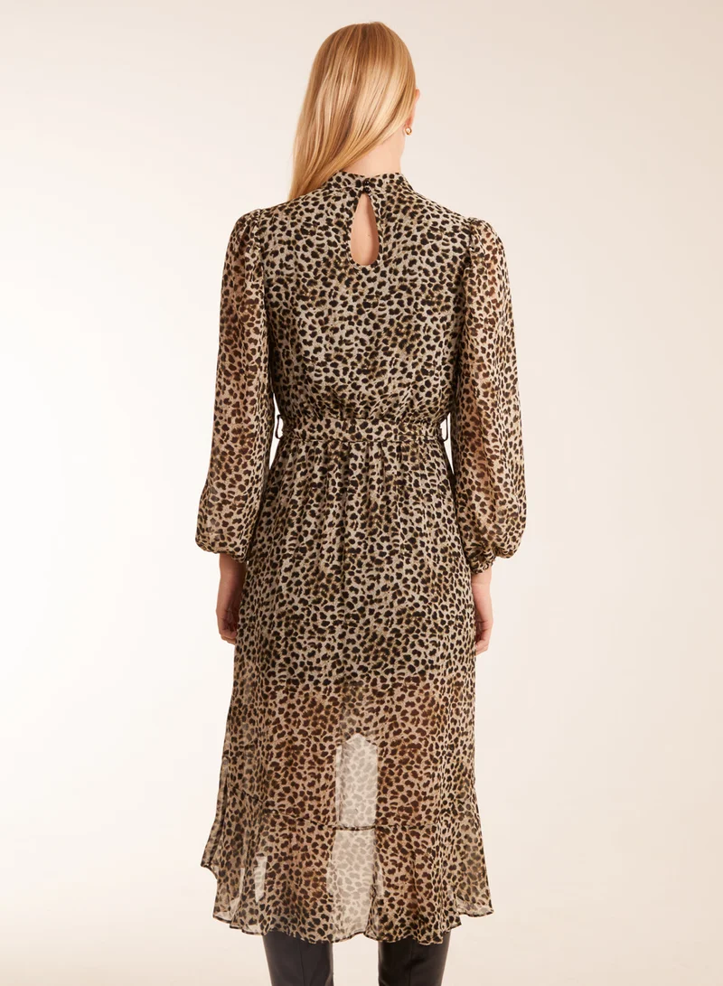 بلو فانيلا Leopard Print High Neck Wrap Frill Hem Midi Dress