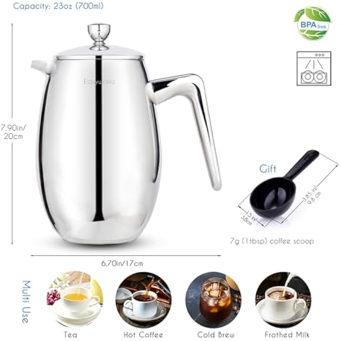 EASYWORKZ Nando French Press 700Ml Double Wall Insulated Thermal Coffee Maker304 Stainless Steel Cafetiere - Image 2