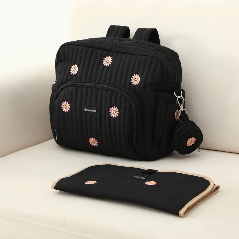 GOBABYMART Diaper Bag Backpack, Medium Maternity baby bag & Changing Pad, Insulated Pockets, Stroller Straps & Pacifier Case (Medium - Black Flowers) - Image 2