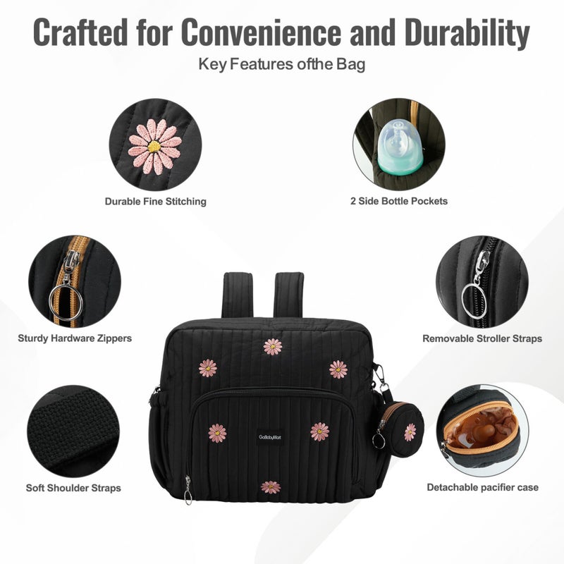 GOBABYMART Diaper Bag Backpack, Medium Maternity baby bag & Changing Pad, Insulated Pockets, Stroller Straps & Pacifier Case (Medium - Black Flowers) - Image 3