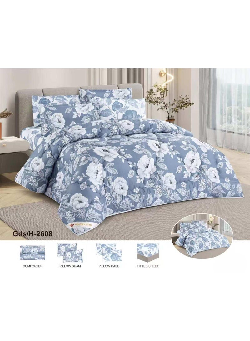 double-sided summer bed set with a floral micA rofiber design, consisting of 6 pieces, adding elegance to your bedroom decor. Includes: 1- Quilt (230*250cm), 1- Fitted sheet (200*200cm), 4- Pillowcases (50*75cm). - Image 1