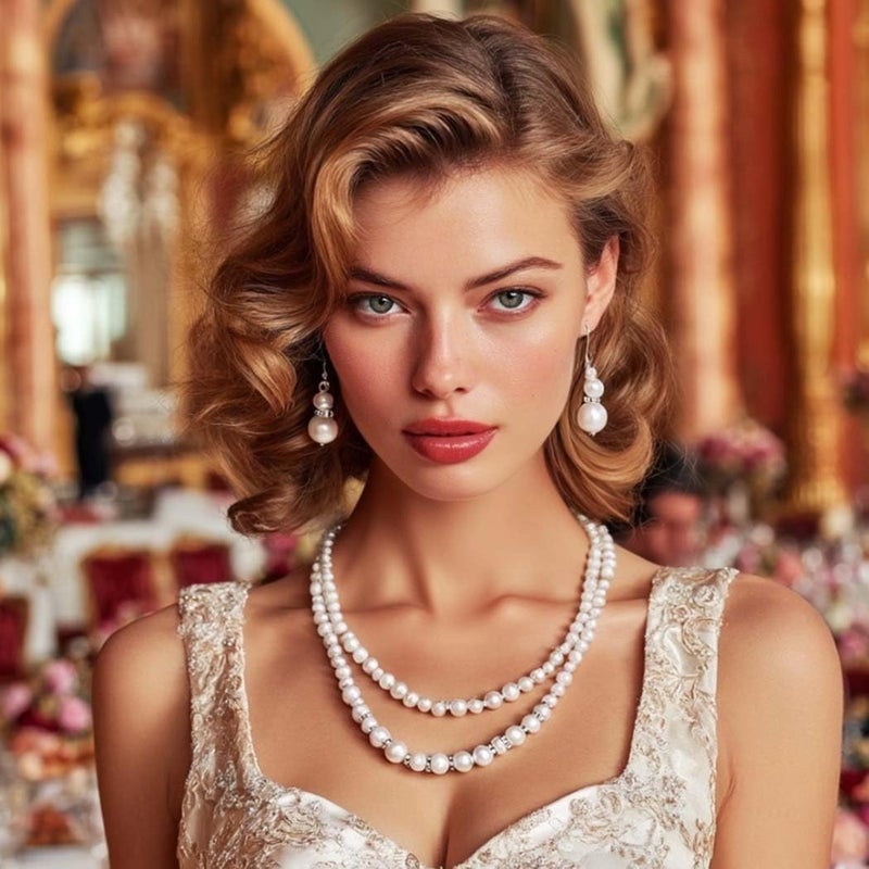 Unicra 1920s Gatsby Pearl Jewelry Set Vintage Crystal Bride Necklace Earrings Set Silver Pearl Multilayer Bridal Necklace Jewelry Accessories for Women and Brides - Image 2