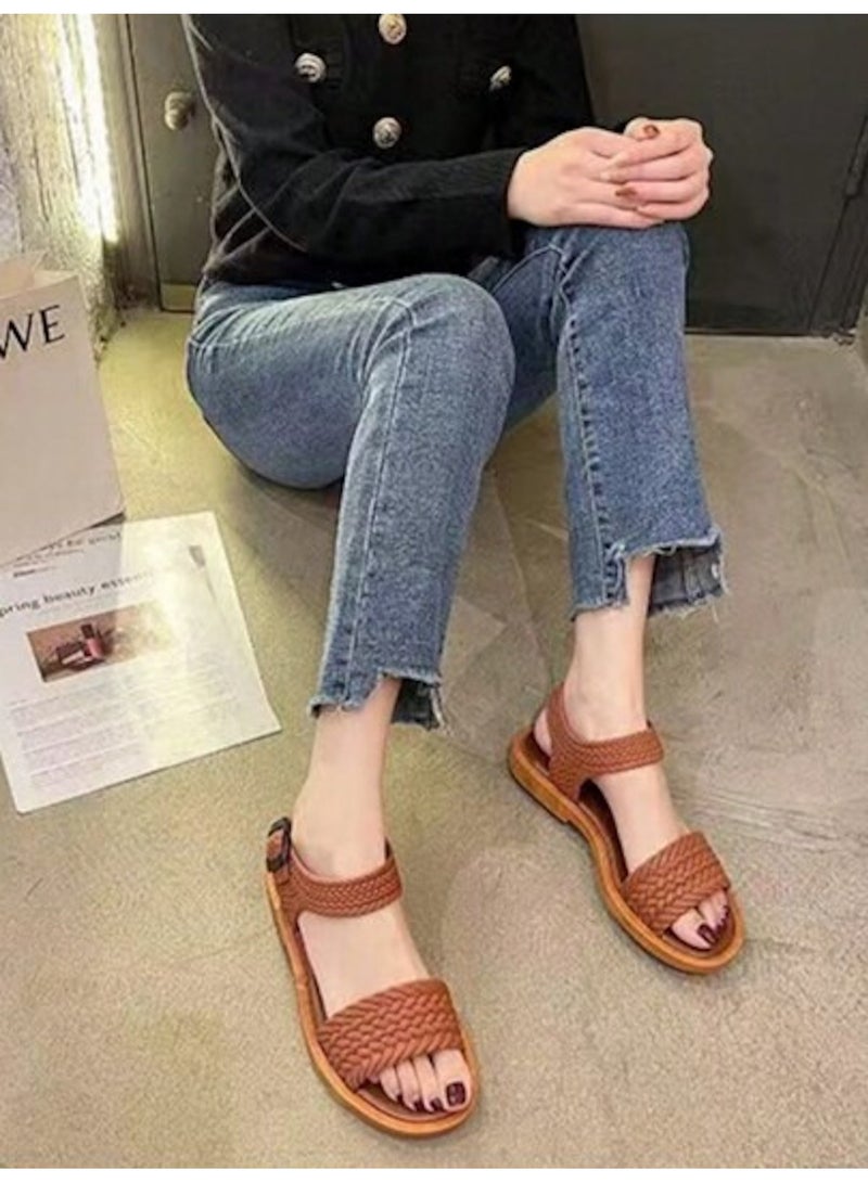 Huitich Brown Braided Strap Fashion Sandals – Size 38-39 - Image 3