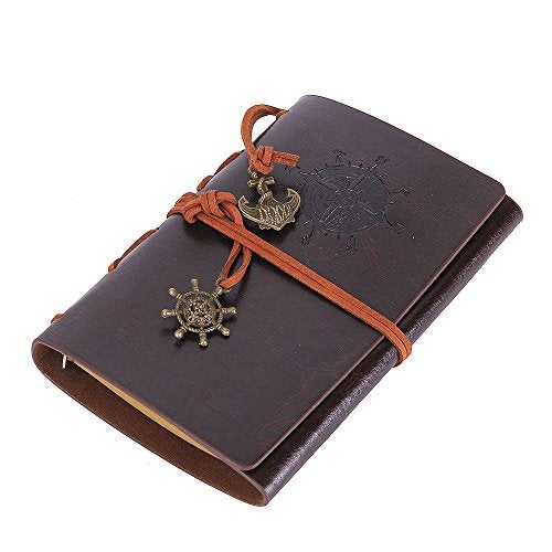 EvZ Leather Writing Journal Notebook, 7 Inches Vintage Nautical Spiral Blank String Diary Notepad Sketchbook Travel to Write in, Unlined Paper, Retro Pendants, Classic Embossed, Coffee - Image 3