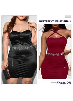 ELABEST Butterfly Chian Belt Rhinestone Metal Silver Carving Chunky Waist Chain Belt Adjustable Accessories For Women Dress Jeans(D Silver)  - Image 2
