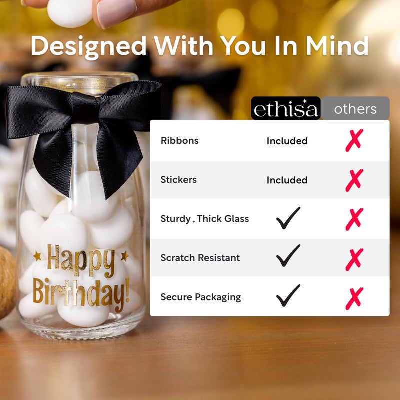 Ethisa Vintage 12 Pack Adult Birthday Party Favors Glass Bottles with Ribbons and Stickers - Classy Happy Birthday Favors and Table Centerpieces Decorations - Sturdy Candy Jar for Guests and Kids - Image 5