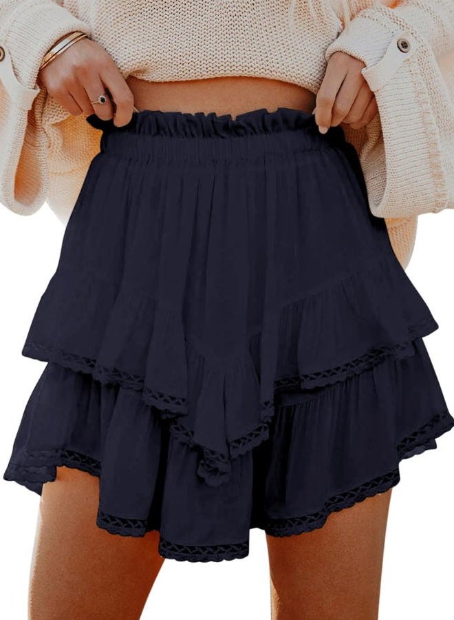 Aoudery Flowy Shorts for Women Casual Boho Ruffle Tiered Skorts High Waist Mini Skirts Golf Tennis Butterfly Crochet Shorts - Navy Blue L - Image 1