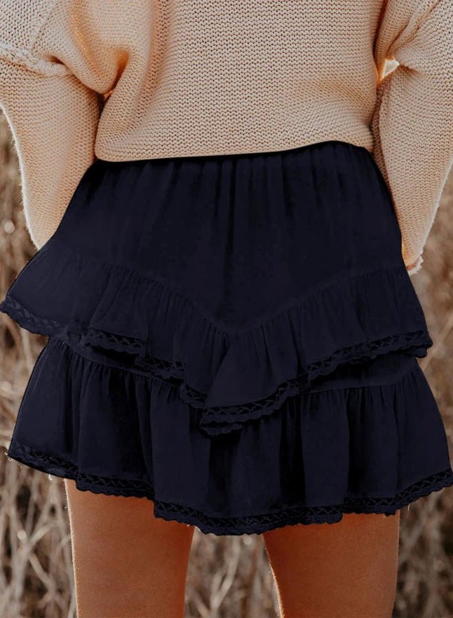 Aoudery Flowy Shorts for Women Casual Boho Ruffle Tiered Skorts High Waist Mini Skirts Golf Tennis Butterfly Crochet Shorts - Navy Blue L - Image 2