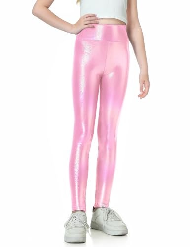 Gnainach Girls Shiny Metallic Leggings Size 4t 5t Holographic Pink Stretch Soft Yoga Pants for Toddler Gift Riding - Image 1