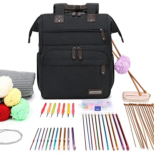 LTINVECK Crochet Backpack,Knitting Bag Backpack Yarn Storage Organizer Travel Crochet Bag with USB Charging Port,Yarn Tote Bag Yarn Holder Case for Knitting Needles, Crochet Hooks,Crochet Accessories,Black - Image 2