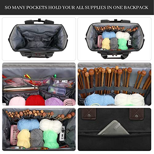 LTINVECK Crochet Backpack,Knitting Bag Backpack Yarn Storage Organizer Travel Crochet Bag with USB Charging Port,Yarn Tote Bag Yarn Holder Case for Knitting Needles, Crochet Hooks,Crochet Accessories,Black - Image 4