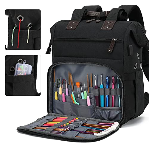 LTINVECK Crochet Backpack,Knitting Bag Backpack Yarn Storage Organizer Travel Crochet Bag with USB Charging Port,Yarn Tote Bag Yarn Holder Case for Knitting Needles, Crochet Hooks,Crochet Accessories,Black - Image 3