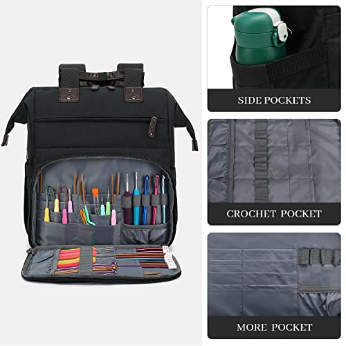 LTINVECK Crochet Backpack,Knitting Bag Backpack Yarn Storage Organizer Travel Crochet Bag with USB Charging Port,Yarn Tote Bag Yarn Holder Case for Knitting Needles, Crochet Hooks,Crochet Accessories,Black - Image 5