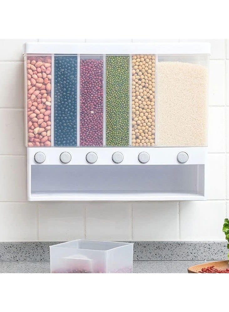BLOOMING TIME 6-Grids Wall-Mounted Dry Food Dispenser – Large Capacity Rice & Grain Storage Tank, Moisture-Proof Cereal Organizer, Press-to-Dispense Kitchen Storage Box  - Image 1