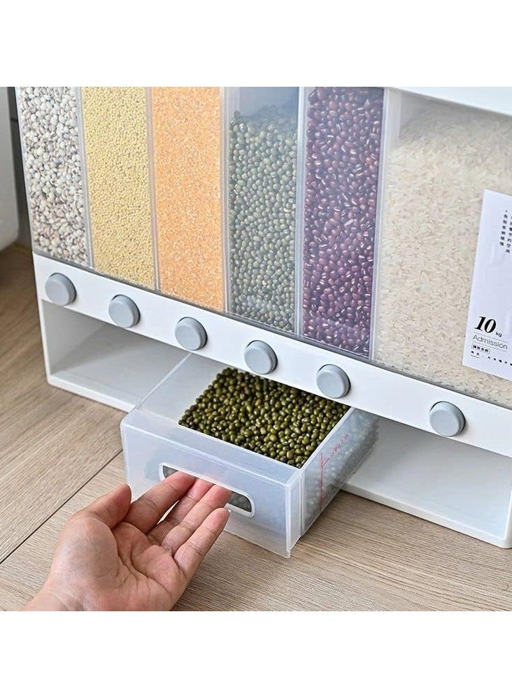 BLOOMING TIME 6-Grids Wall-Mounted Dry Food Dispenser – Large Capacity Rice & Grain Storage Tank, Moisture-Proof Cereal Organizer, Press-to-Dispense Kitchen Storage Box  - Image 3