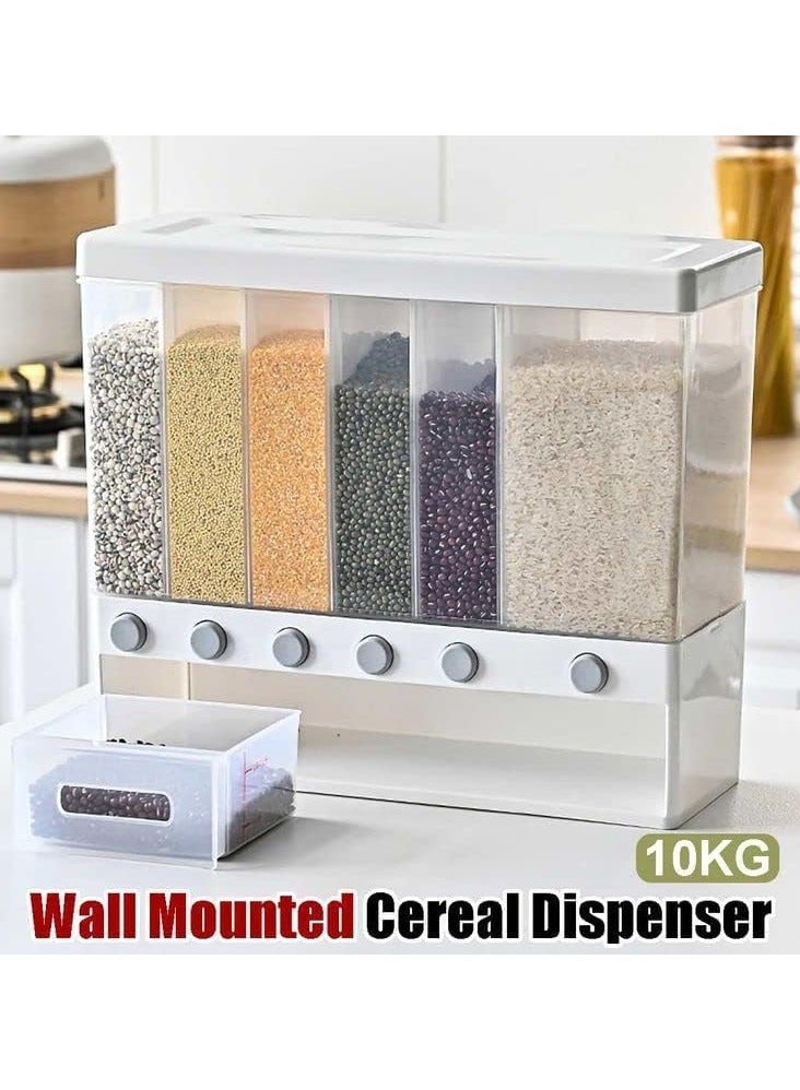 BLOOMING TIME 6-Grids Wall-Mounted Dry Food Dispenser – Large Capacity Rice & Grain Storage Tank, Moisture-Proof Cereal Organizer, Press-to-Dispense Kitchen Storage Box  - Image 4