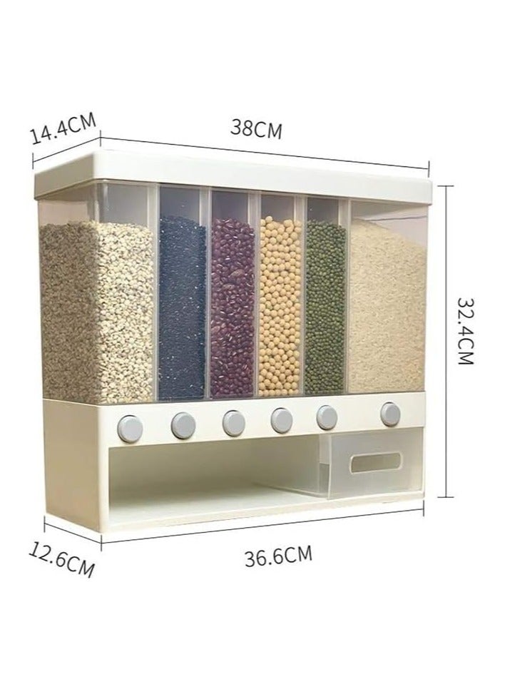 BLOOMING TIME 6-Grids Wall-Mounted Dry Food Dispenser – Large Capacity Rice & Grain Storage Tank, Moisture-Proof Cereal Organizer, Press-to-Dispense Kitchen Storage Box  - Image 5