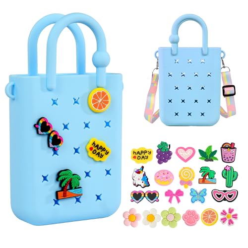 BestStone Silicone Mini Hole Handbag Toddler Purse with 20 Charms, Small Rubber Beach Bag With Adjustable Shoulder Strap, Mini Tote Bags for Little Girls and Woman Birthday Gift(Blue) - Image 1