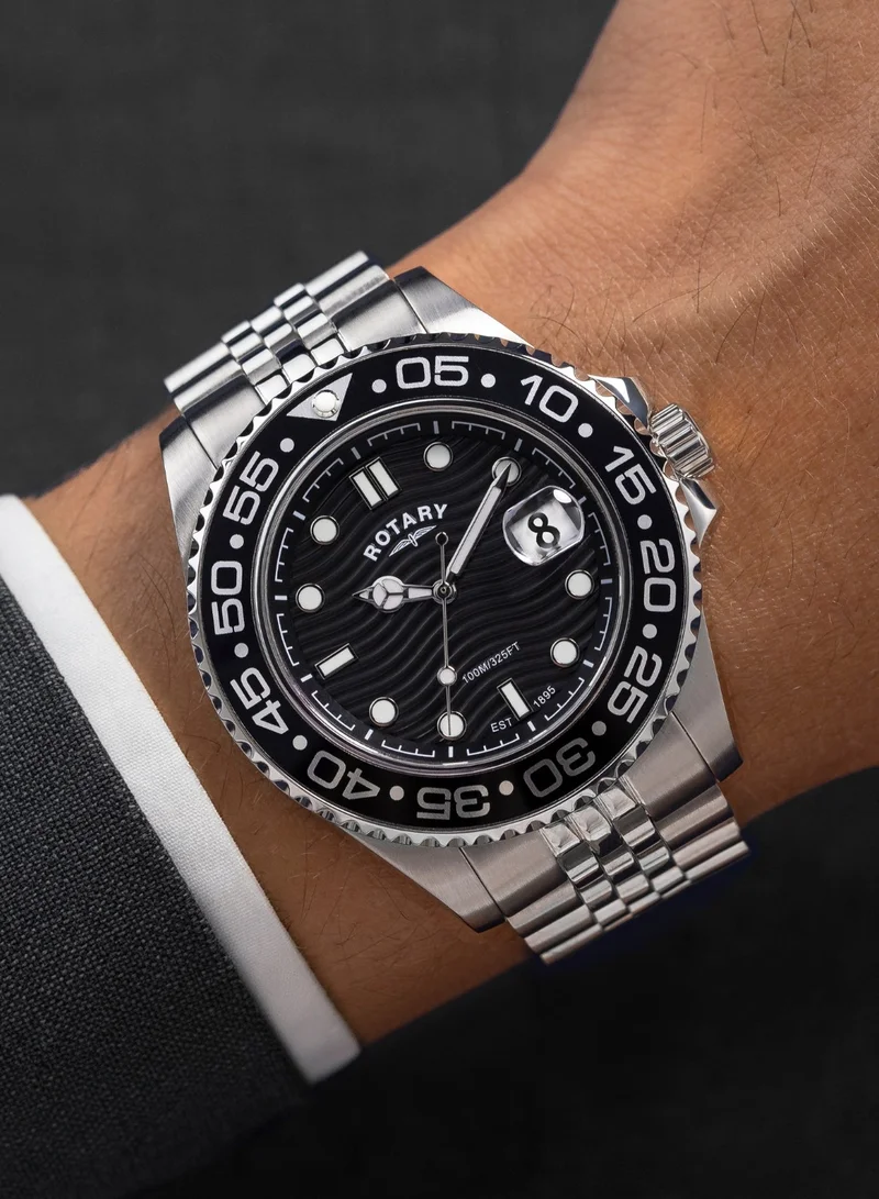 Rotary  Men's Apex 100 Analogue Watch, 45 mm, Black Dial, Stainless Steel Bracelet for Men | Best Price UAE