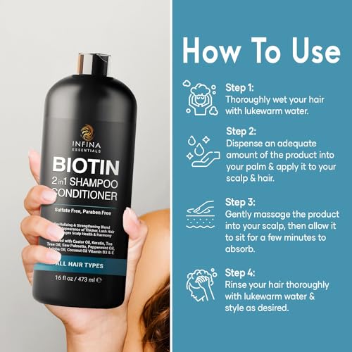 INFINA ESSENTIALS Biotin 2-in-1 Shampoo and Conditioner for Men & Women – Hair Thickening & Strengthening Shampoo with Saw Palmetto, Keratin, Caffeine & Vitamin E – Convenient Daily Use – 16 fl oz - Image 4
