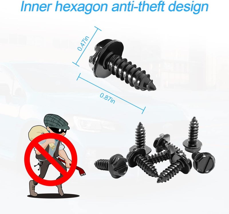 YALOK Black License Plate Screws, 8 PCS Stainless Steel Fasteners for License Plates and License Plate Frames or Covers, Rust Proof, Weather Proof, Self Tapping Mounting Bolts - Image 2
