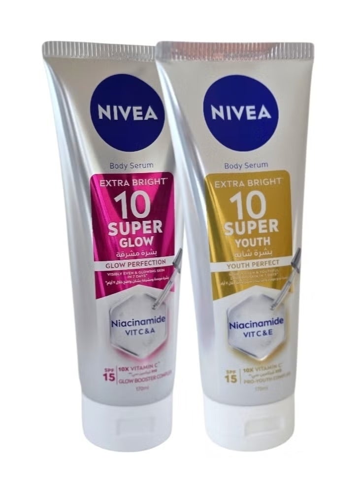 2-Pices Set (Body Serum Extra Bright 10 Super Glow Niacinamide Vit C & A And Super Youth Niacinamide Vit C & E)2×170Ml