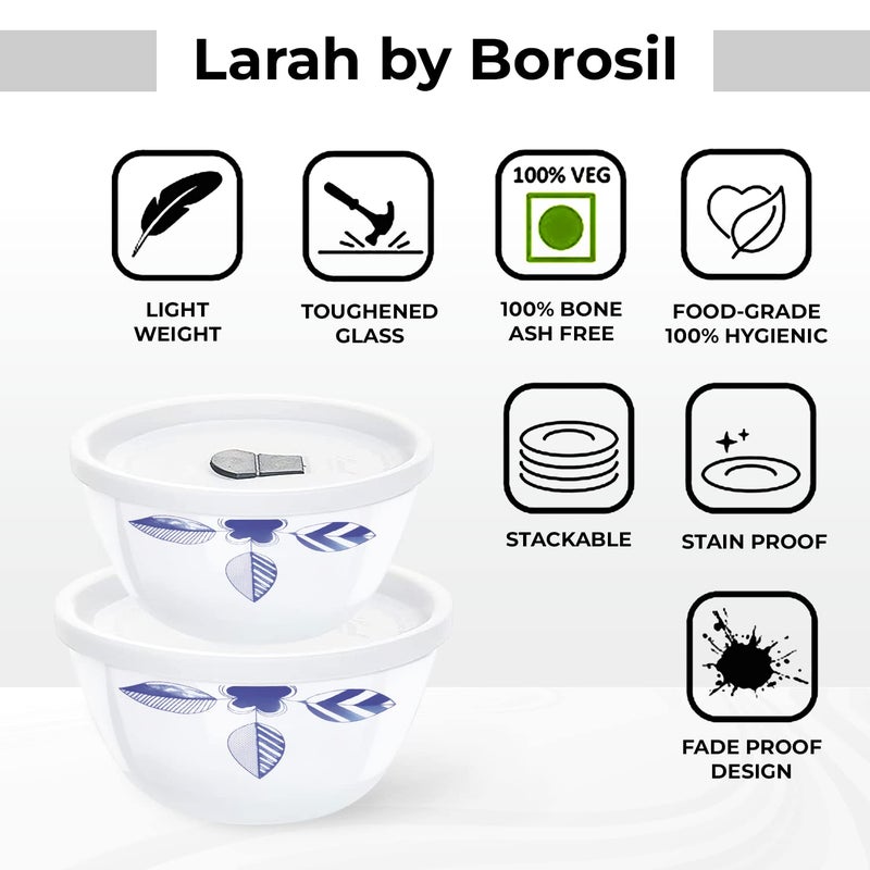 Larah by Borosil Morning Glory Opalware 2 pc Mixing & Serving Bowl Set with Lid | 500 ml (Each) Bowl Set | Microwave & Dishwasher Safe, Bone-Ash Free | Crockery Set Ideal for Daily Use & Gifting - Image 4