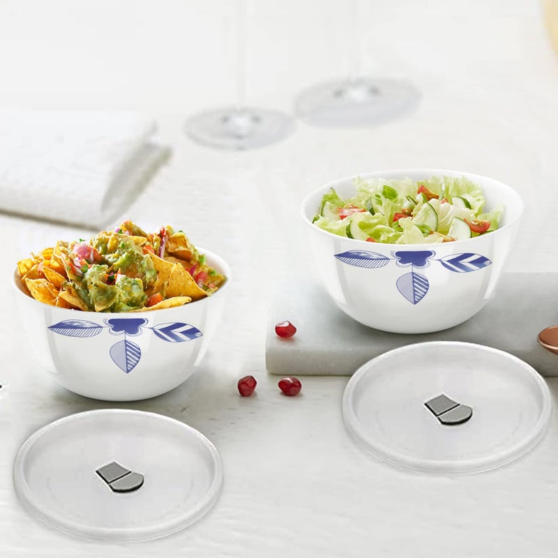 Larah by Borosil Morning Glory Opalware 2 pc Mixing & Serving Bowl Set with Lid | 500 ml (Each) Bowl Set | Microwave & Dishwasher Safe, Bone-Ash Free | Crockery Set Ideal for Daily Use & Gifting - Image 2
