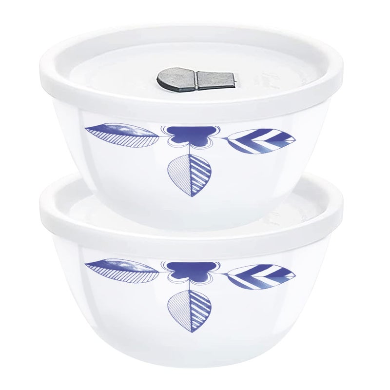 Larah by Borosil Morning Glory Opalware 2 pc Mixing & Serving Bowl Set with Lid | 500 ml (Each) Bowl Set | Microwave & Dishwasher Safe, Bone-Ash Free | Crockery Set Ideal for Daily Use & Gifting - Image 1