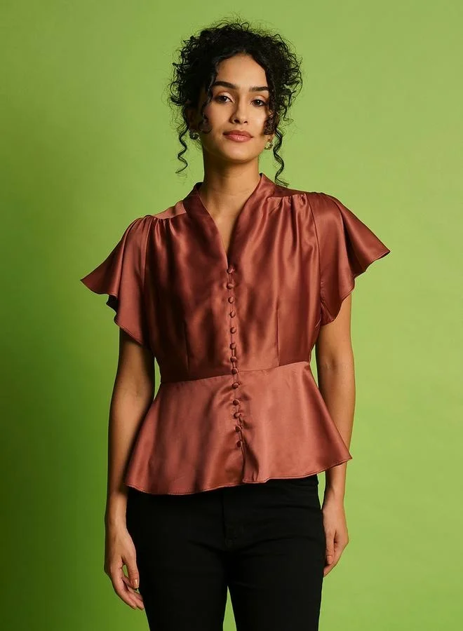 globus Solid Satin V-Neck Flute Sleeve Buttoned Top