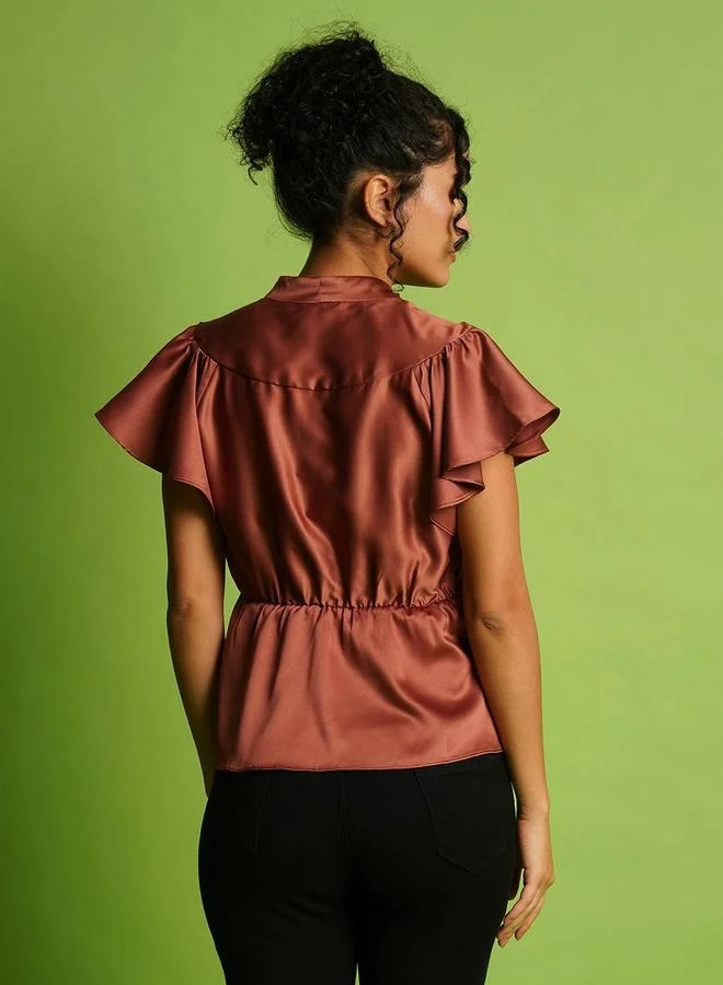 globus Solid Satin V-Neck Flute Sleeve Buttoned Top