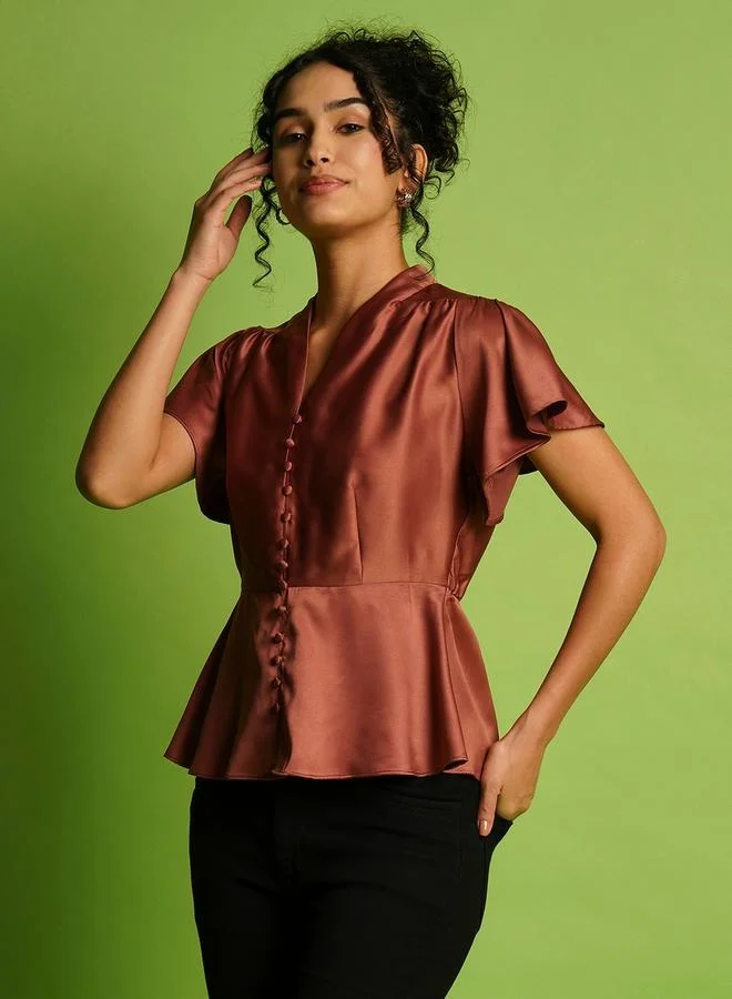 globus Solid Satin V-Neck Flute Sleeve Buttoned Top