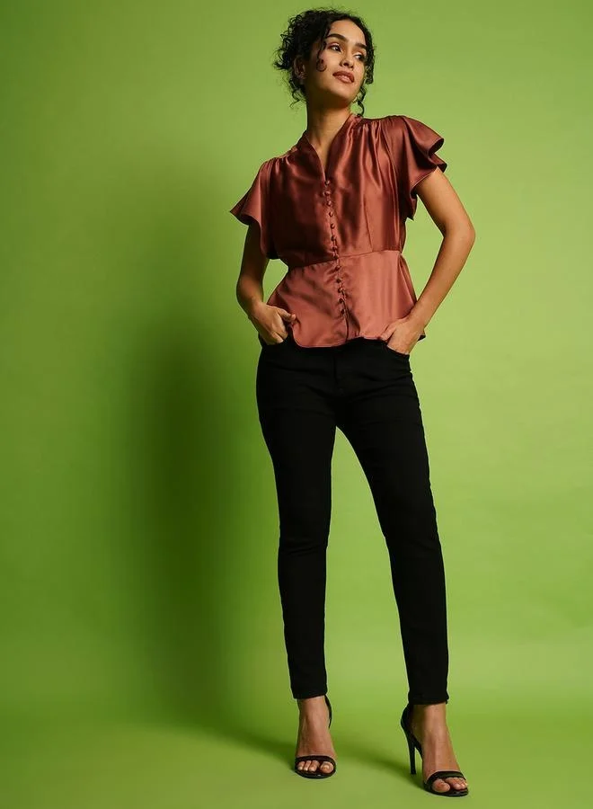 globus Solid Satin V-Neck Flute Sleeve Buttoned Top