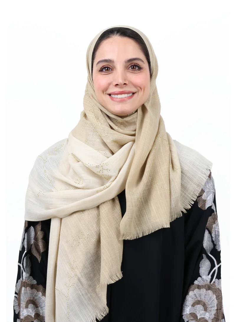 Jameela Premium Embellished Slub Cotton Scarf with Vine Crystal Strass (Sand Beige / Soft Taupe)