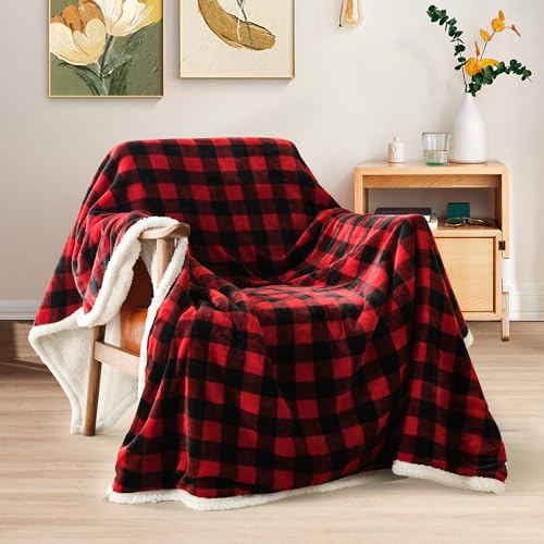 BEAUTEX Sherpa Fleece Flannel Blanket Twin Size, Super Soft Warm Buffalo Plaid Plush Microfiber Blankets, Cozy Fuzzy Christmas Blanket for Couch Sofa Bed (Red, 60" x 80") - Image 2