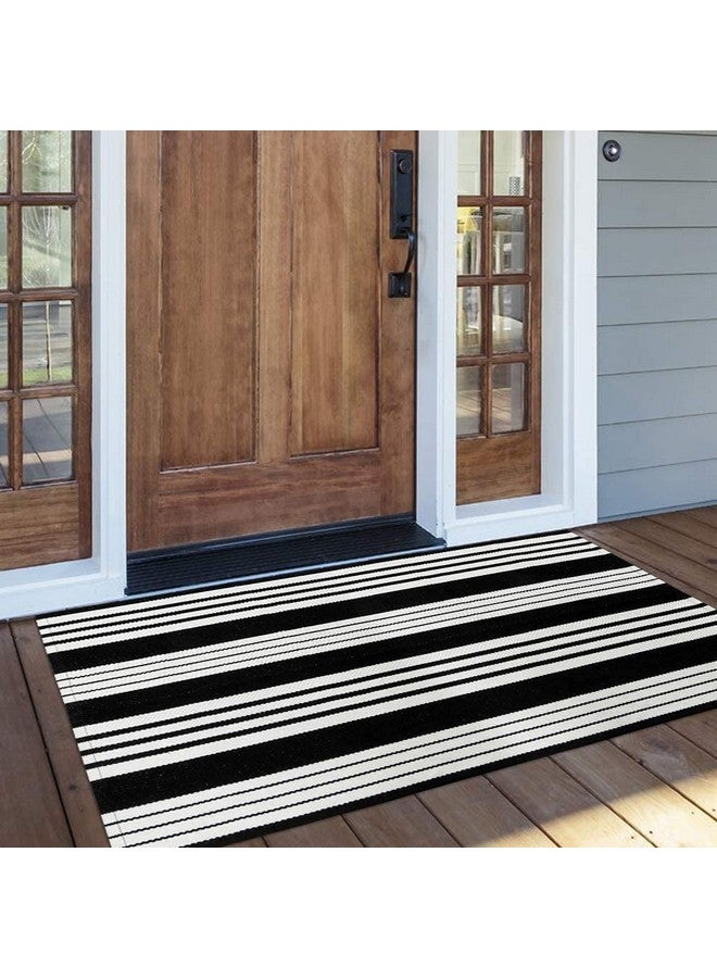 OJIA Cotton Black and White Striped Rug 2x4 Hand-Woven Indoor/Outdoor Area Rug Layered Door Mats for Front Porch/Entryway/Laundry Room/Bedroom/Outdoor - Image 1