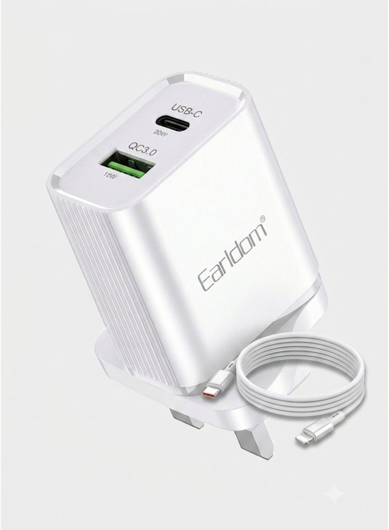 Earldom 30W GaN II Dual Port Fast Wall Charger, USB-C PD & USB-A QC 3.0, UK 3-Pin Power Adapter with Charging Cable, Fast Charger for iPhone, iPad, Samsung Galaxy & AirPods - White - Image 1