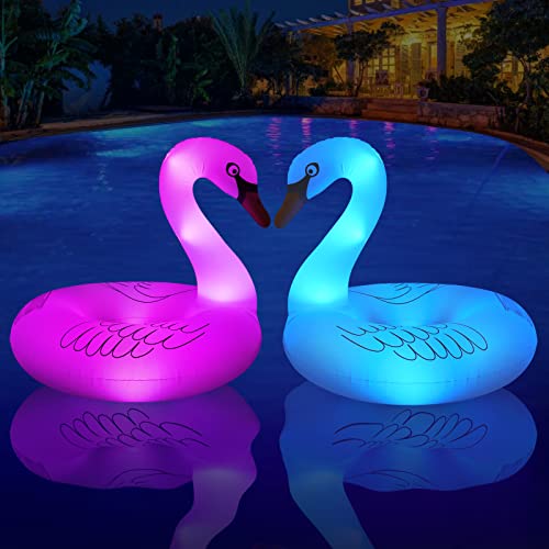 FlyfreeU Solar Inflatable Swan Pool Floats with Lights, LED RGB Color Changing Light Up Pool Floats Adult, 42'' Large Swan Pool Floaties, Lake Floats Summer Pool Raft Lounge for Adults - 2 PC - Image 1