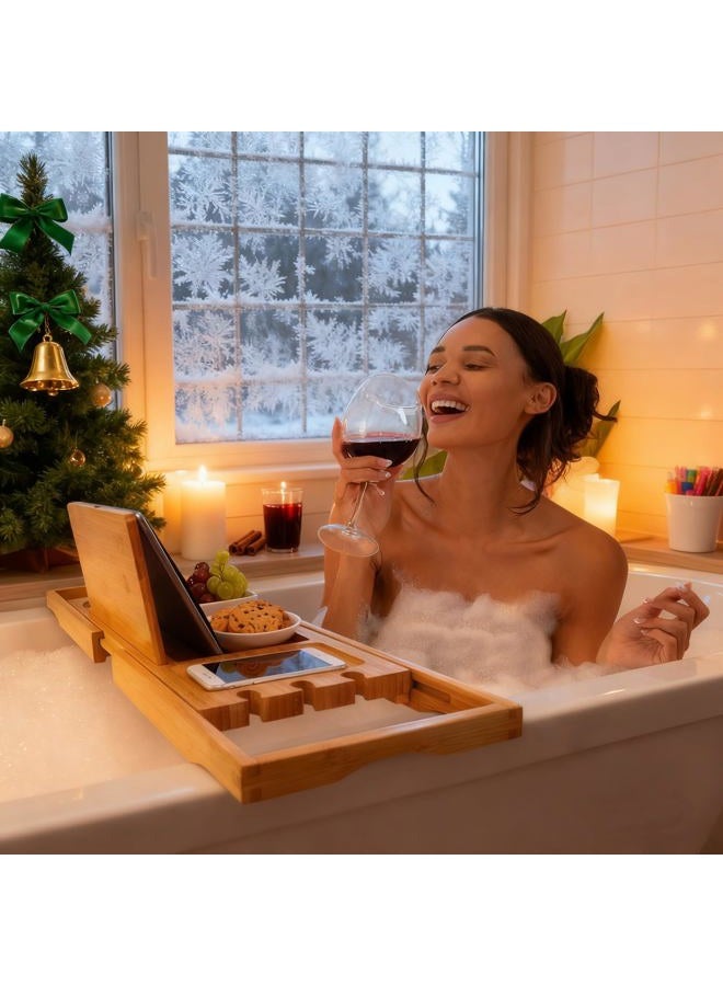 Utoplike Teak Bath Tray Bathroom Tray for Bathtub, Unique Bath Organizer with Wine Glass Towel Holder, Waterproof, Adjustable - Image 2