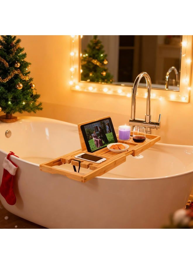 Utoplike Teak Bath Tray Bathroom Tray for Bathtub, Unique Bath Organizer with Wine Glass Towel Holder, Waterproof, Adjustable - Image 3