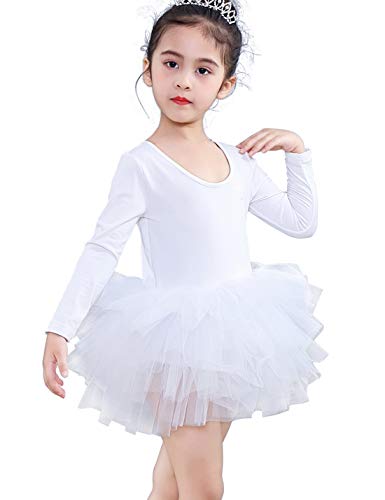 KARETT Ballet Tutu Leotards Long Sleeve for Toddler Girls Kids Ballerina Dress Tutu Skirt Dance Halloween Outfits White - Image 2