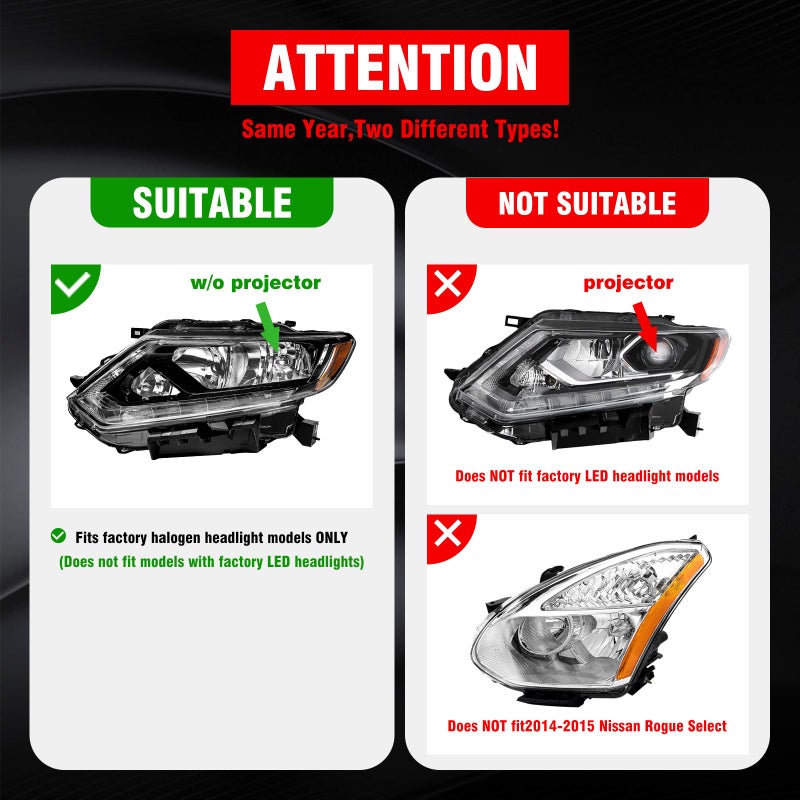 ADCARLIGHTS Headlight Assembly for 2014 2015 2016 Nissan Rogue Clear Lens Black Housing with Amber Reflector Headlamp Replacement Left and Right Pair(Only Fits Models with Halogenï¼ˆW/O Bulbsï¼‰ - Image 2