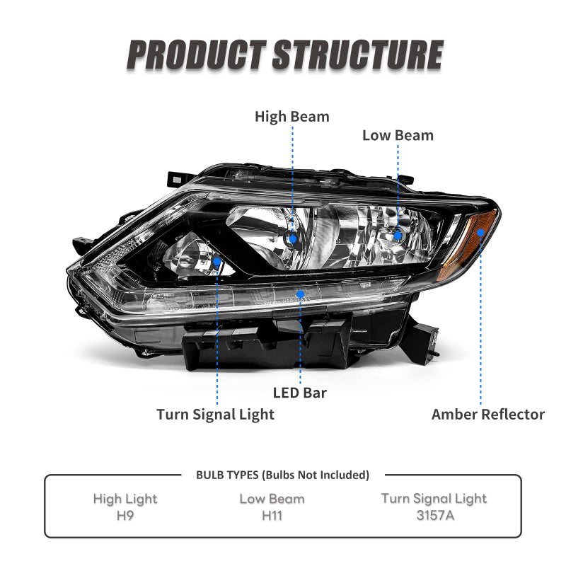 ADCARLIGHTS Headlight Assembly for 2014 2015 2016 Nissan Rogue Clear Lens Black Housing with Amber Reflector Headlamp Replacement Left and Right Pair(Only Fits Models with Halogenï¼ˆW/O Bulbsï¼‰ - Image 3