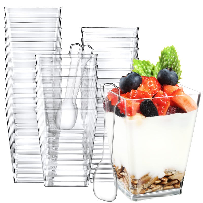 Eupako 50 Pack 5 oz Square Clear Plastic Dessert Cups With Spoons  Small Tumbler Cups for Appetizers Puddings Mousse