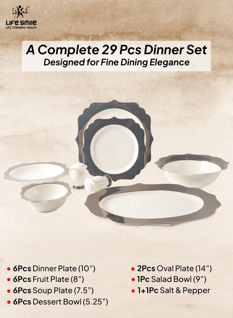 Life Smile 29-Pcs Dinner Set – Porcelain Dinnerwares- Serving Dish and Bowls Set Includes 6x Dinner Plates, 6x Fruit Plates, 6x Soup Plates, 6 x Dessert Bowls, 2x Oval Plates, 1x Salad Bowl, and 1x Salt and Pepper Shaker - Image 2
