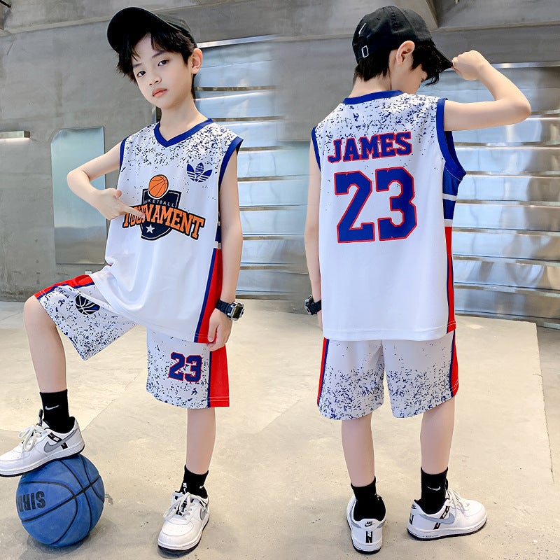 Boys Summer 2024 New Thin Vest Basketball Suit Set 22117 white 