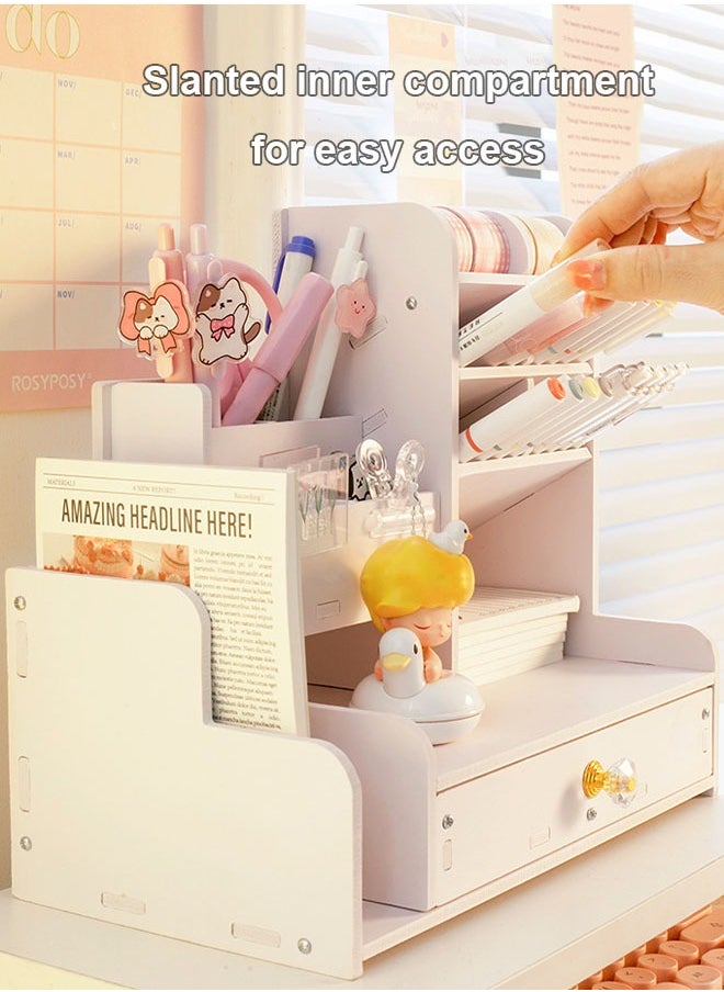 FLYROAD Desktop Organizer with Slanted Pen Holder, Shelf and Drawer for Office Supplies, Home, White  - Image 3